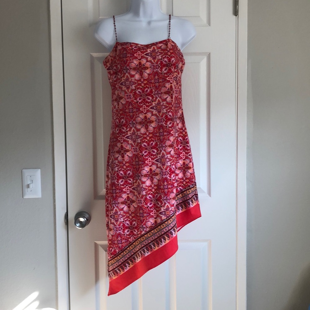 Vibrant red floral asymmetrical dress